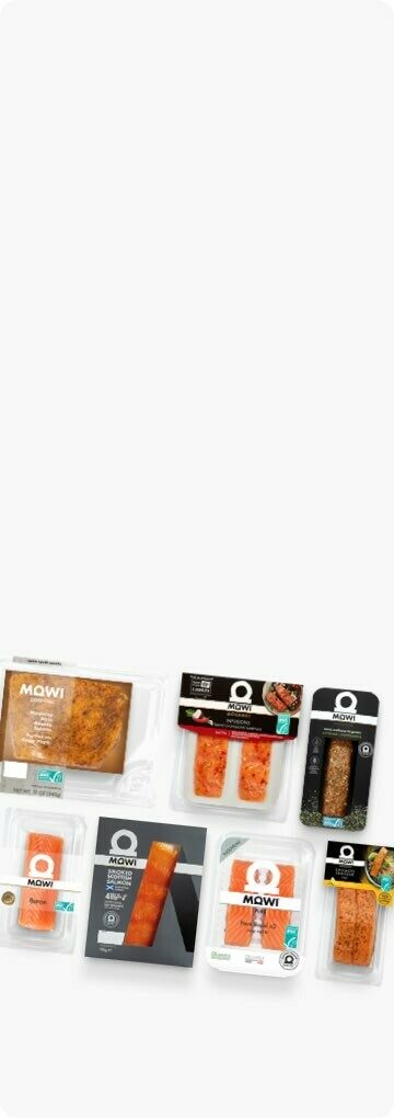 Mowi branded packaged salmon fillets and portions.