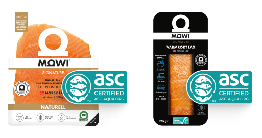 Förpackningar med ASC-certifierad kallrökt och varmrökt lax från Mowi.